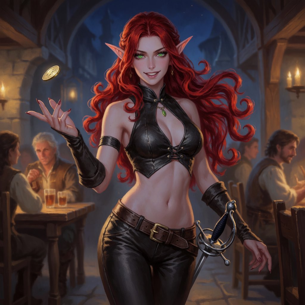 A beautiful, slim adult elf woman wearing black leather pants and a black leather crop top that leaves her belly exposed. She has stunning, intense green eyes and long, flowing, curled red hair. She is smiling; she is a rogue, with a rapier hanging from her belt. She is catwalking through a medieval fantasy tavern at night while flipping a golden coin, in a realistic fantasy style. — Krea 2 Medium