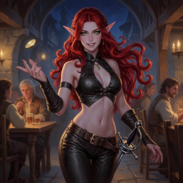 A beautiful, slim adult elf woman wearing black leather pants and a black leather crop top that leaves her belly exposed. She has stunning, intense green eyes and long, flowing, curled red hair. She is smiling; she is a rogue, with a rapier hanging from her belt. She is catwalking through a medieval fantasy tavern at night while flipping a golden coin, in a realistic fantasy style. — Krea 2 Medium