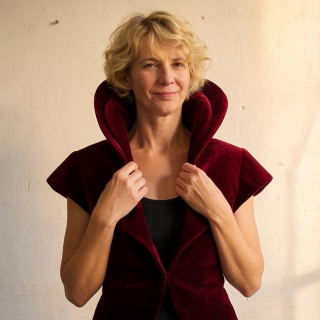 Fashion portrait of an adult woman in her early 50s wearing a sculptural burgundy velvet jacket, her hands lightly gathering its lapel. A wry, composed expression meets the camera against a warm ivory plaster backdrop, lit by soft late-afternoon window glow. — Krea 2 Large