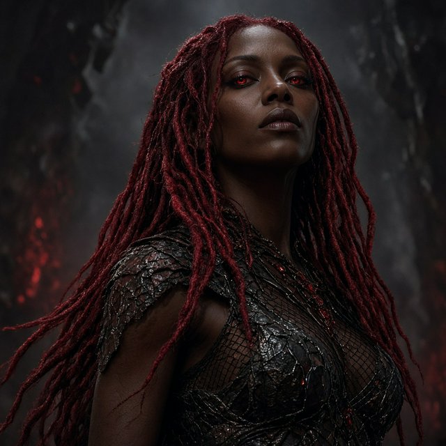 Fishnet grimdark fantasy. A suitable-for-TV-PG adult underworld agent with long crimson-red dreadlocked hair with flowing locks, ruby-red crystalline eyes, real skin pores, photographic rendering, and real material textures. No text. — Grok Imagine Image 2