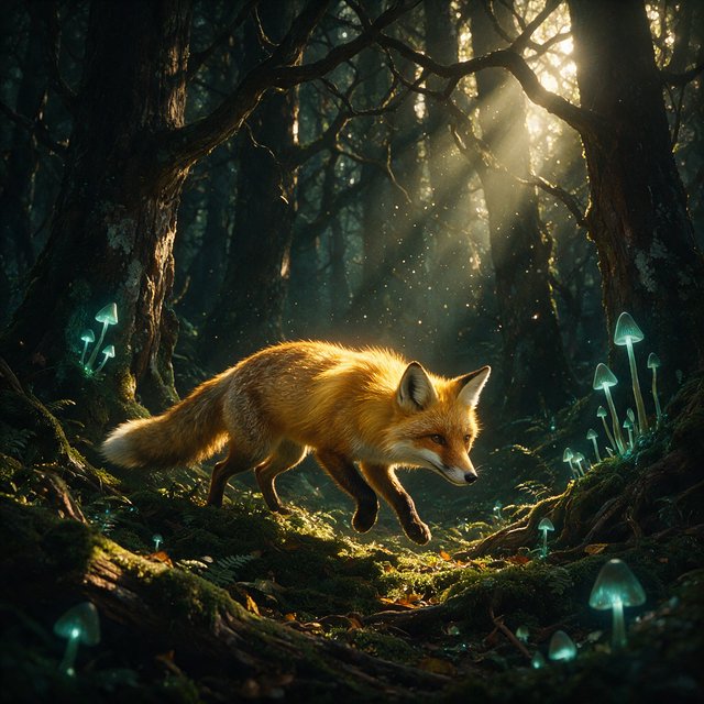 A cunning fox with fur like molten gold cautiously steps through a dense, ancient forest. Shafts of light pierce the canopy, illuminating dust motes dancing in the air. Strange, glowing mushrooms cast an otherworldly light on the moss-covered ground. The style is a blend of dark fantasy illustration and hyperrealism, with a focus on dramatic, cinematic lighting. — Seedream 5.0 Pro