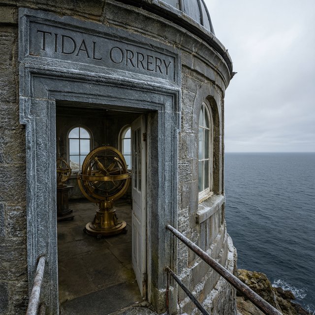 A weathered coastal observatory overlooks dark water, its brass instruments visible through arched windows; "TIDAL ORRERY" is carved into a slate lintel above the entrance, salt spray softening the deep engraved grooves. — Qwen Image 3.0 Pro