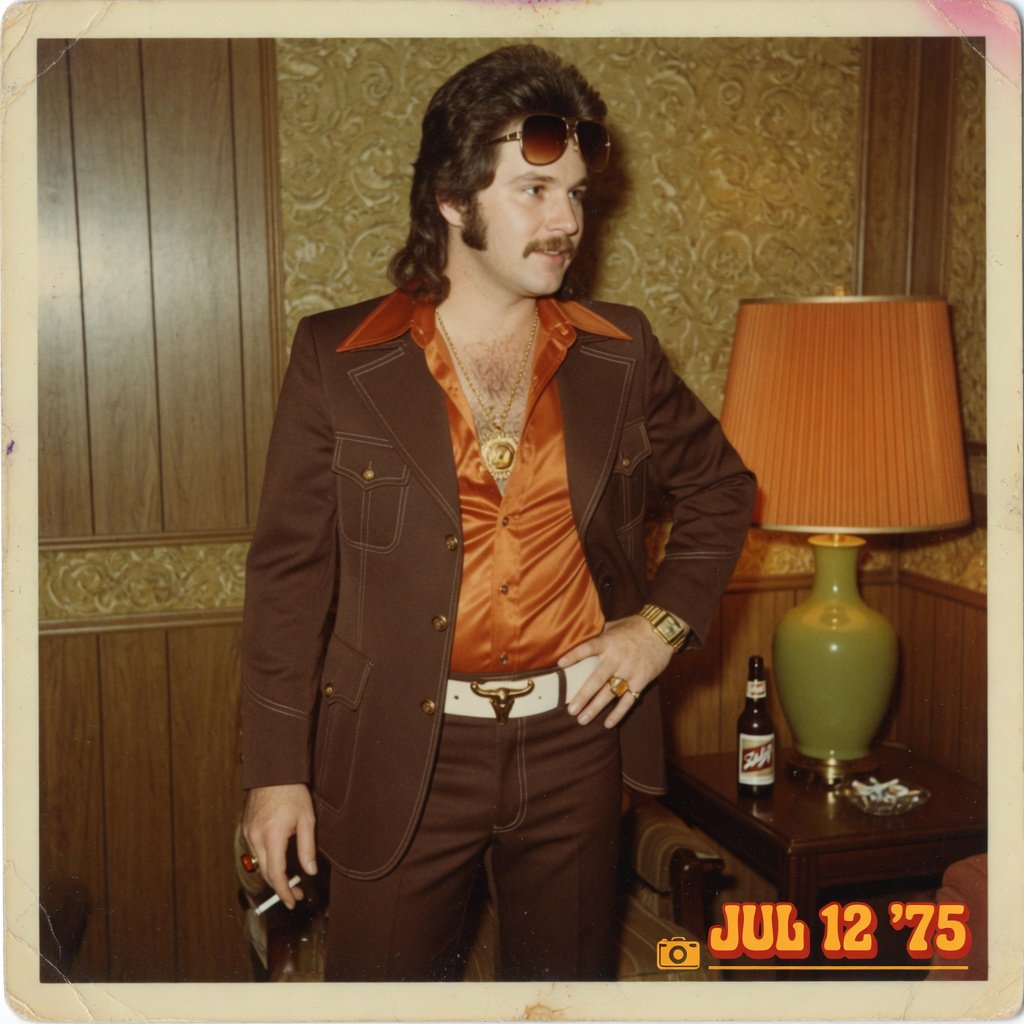Create an image of a man in the quintessential style of 1975. Style his hair, clothing, accessories, and surroundings to reflect the distinctive look of the mid-1970s—featuring bold silhouettes, eye-catching accessories, layered details, and characteristic colors and textures. Give the image the feel of an authentic 1975 photograph, complete with analog film grain, faded colors, direct flash lighting, and a slight soft-focus effect. Add a period-accurate, red-orange date stamp in a 1970s style in one of the bottom corners. No recognizable posters. No modern objects or text. — Grok Imagine Image Quality