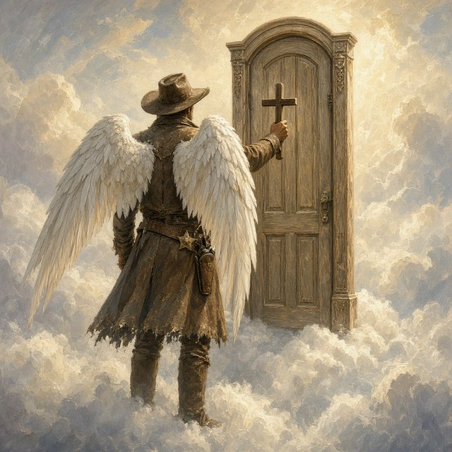 Create a painted image of a frontier lawman in heaven, facing away from the camera with angel wings. He is standing on a ground made of clouds, with a door in front of him. Holding a cross, he uses it to knock on the door. — Grok Imagine Image 2