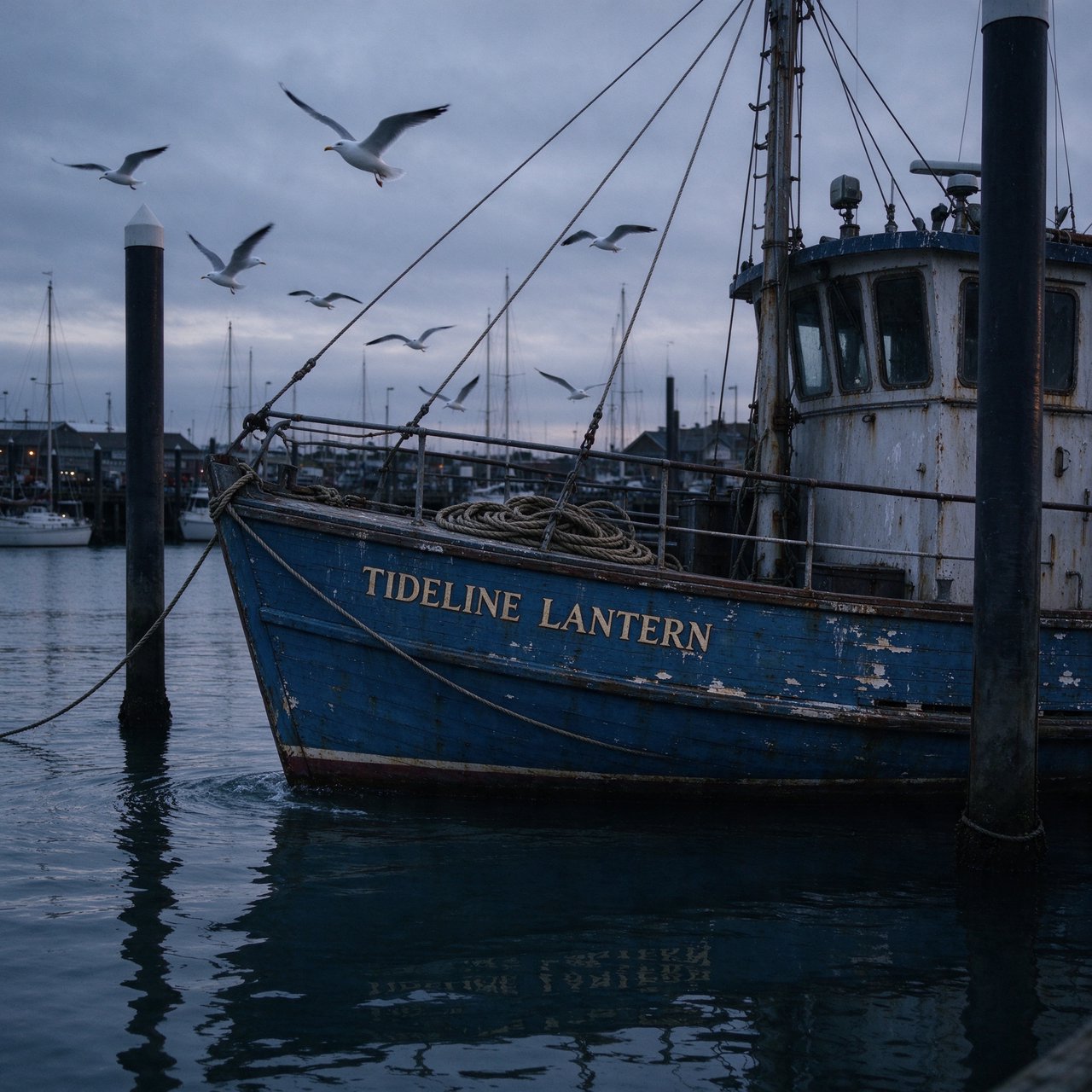 At a quiet harbor, a weathered wooden ferry rests beside slick pilings, ropes coiled on deck as gulls wheel overhead; "TIDELINE LANTERN" is painted in faded ivory letters along the blue hull. — Seedream 5.0 Flash