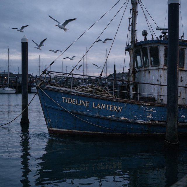 At a quiet harbor, a weathered wooden ferry rests beside slick pilings, ropes coiled on deck as gulls wheel overhead; "TIDELINE LANTERN" is painted in faded ivory letters along the blue hull. — Seedream 5.0 Flash