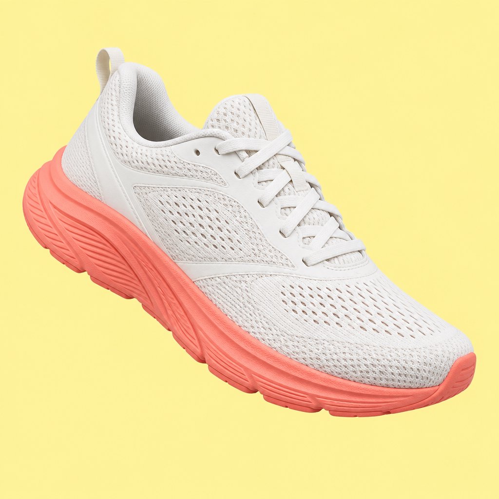 A white running sneaker with a coral sole floating at a slight angle over a pastel yellow background, studio lighting, no shadow on the backdrop. — GPT Image 2.5 Sunburst