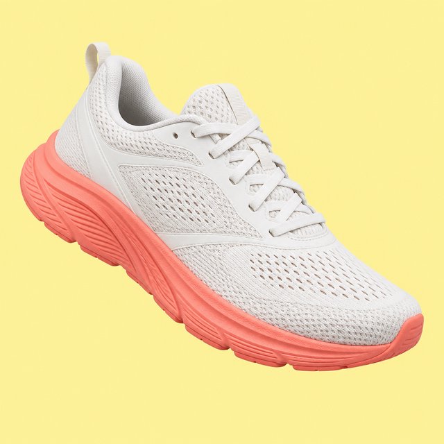 A white running sneaker with a coral sole floating at a slight angle over a pastel yellow background, studio lighting, no shadow on the backdrop. — GPT Image 2.5 Sunburst