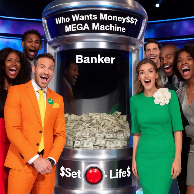 People on the set of a super mega game show called "Who Wants Money$$$?". There are at least six adults (three men and three women), all of different races, looking really excited. There is a big machine with a lot of cash inside. At the top of the machine it says "Who Wants Money$$$? MEGA Machine". In the middle of the machine it says "Banker", with the shadow of a man near the name. At the bottom of the machine it says "$Set 4 Life$", with a red button in the middle of the words. Near the machine are game hosts on both sides of it: a handsome man and a pretty woman. — Krea 2 Large