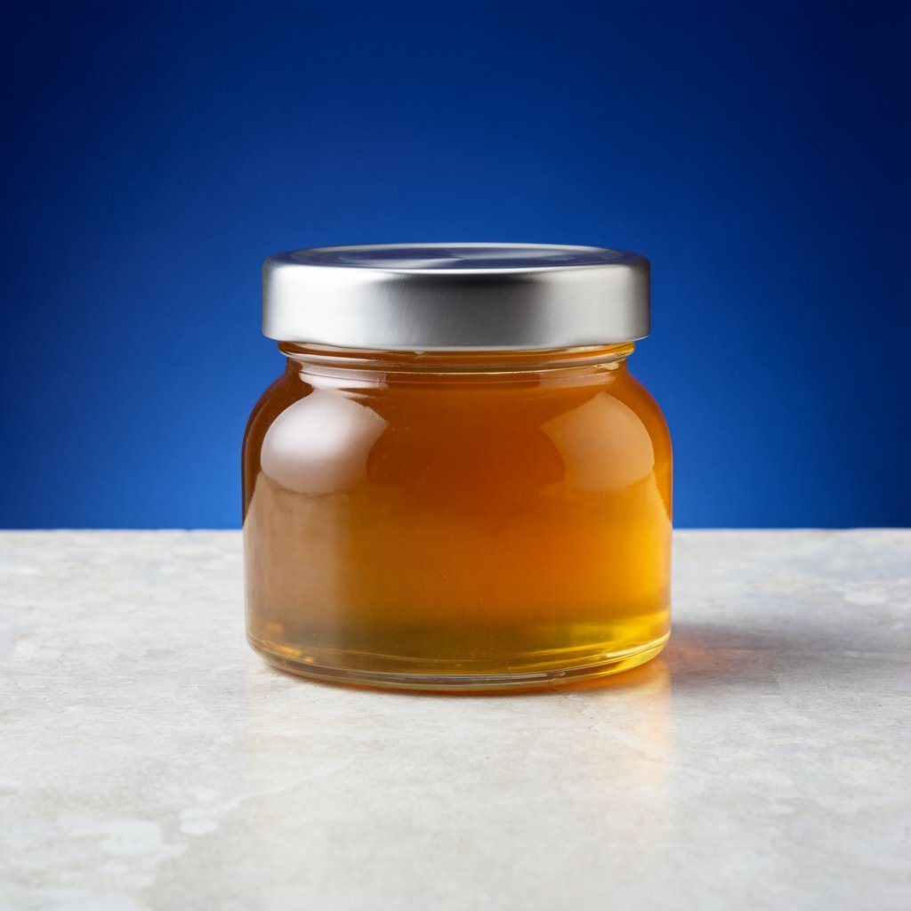 A squat unbranded honey jar with clear glass walls and a plain brushed-aluminum lid rests on honed pale limestone; broad diffused key light and warm rim light shape the commercial product image against a seamless cobalt-blue background, with no lettering. — Krea 2 Large