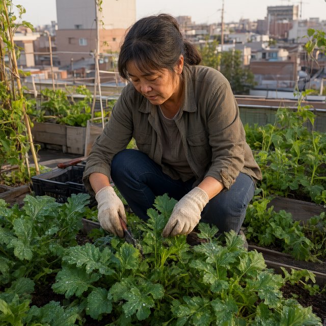 Candid documentary photograph of an adult tending a rooftop vegetable garden in the late afternoon, soft side light, 50mm lens with moderate depth of field, water droplets glinting on freshly watered leaves. — Qwen Image 3.0