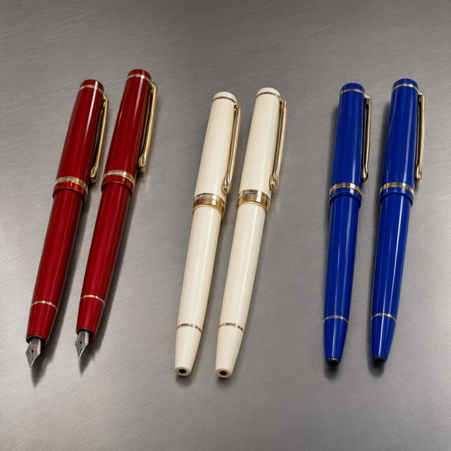 Across a brushed steel counter, exactly six fountain pens rest in three groups: two crimson pens on the left, two ivory pens in the center, and two cobalt pens on the right; nothing else. — Qwen Image 3.0