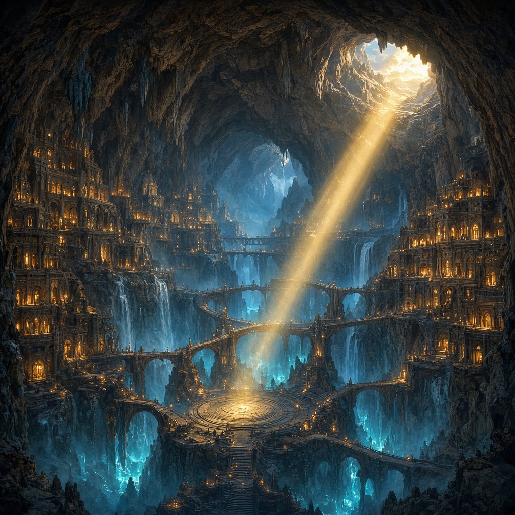 An ancient city carved inside a hollow mountain glows with windowlight, its terraced bridges spanning a blue-lit cavern while mineral mist rises around distant waterfalls and a narrow beam of sunrise reaches the deepest plaza. — Grok Imagine Image 2