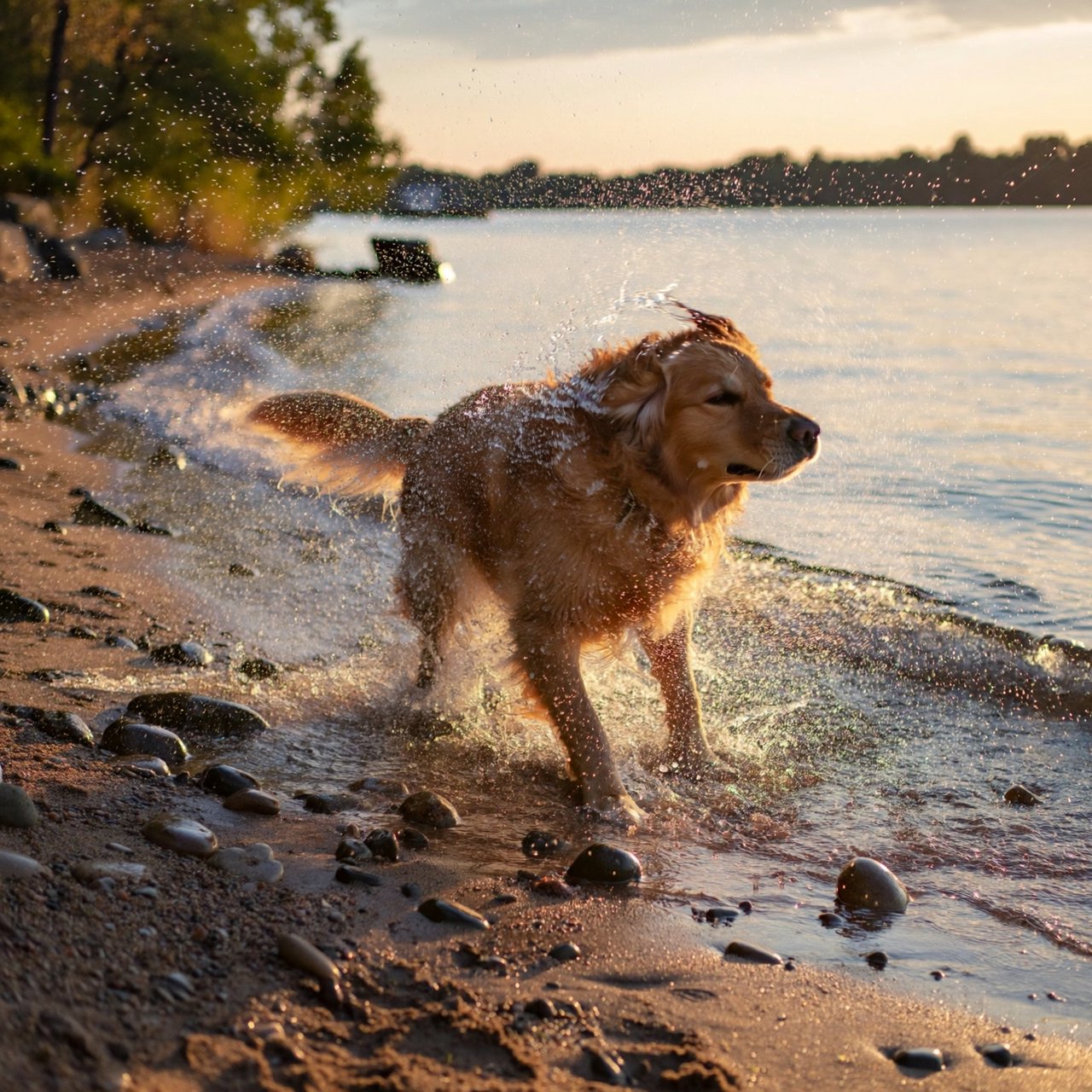 A wet golden retriever shaking off water on a lakeshore, droplets frozen mid-air, backlit by low sun, high shutter speed. — ImagineArt 2