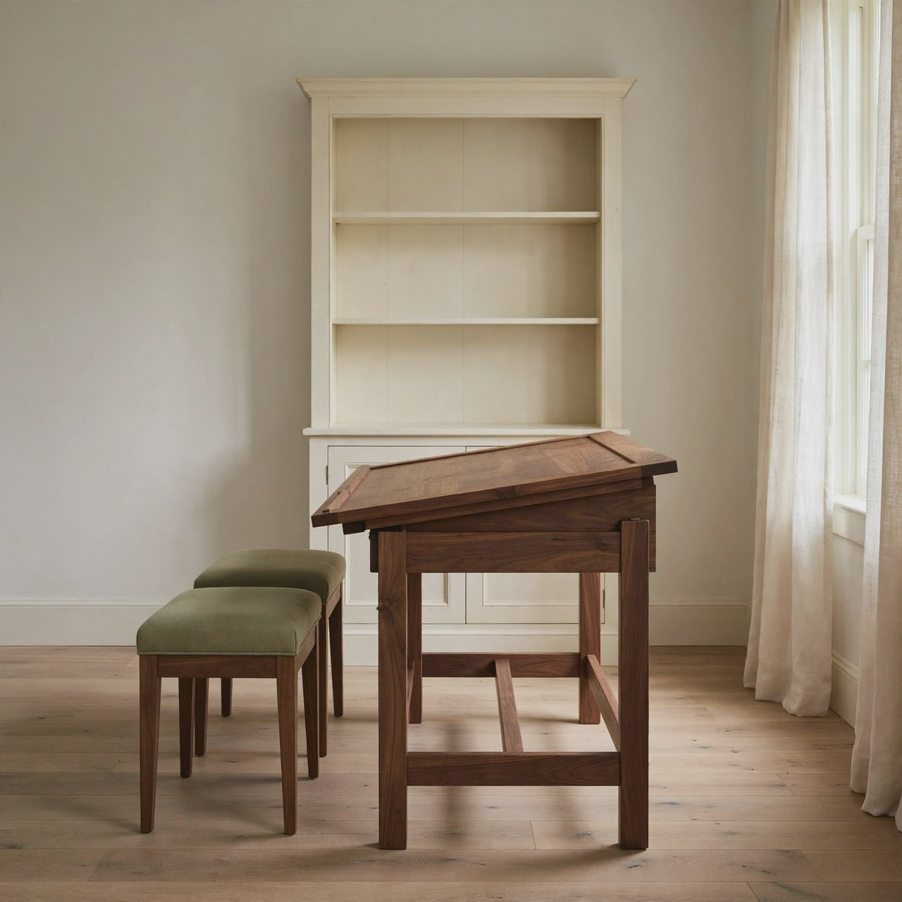 A quiet mapmaking room contains exactly one walnut drafting desk at the center, two moss-green stools side by side along its west edge, and one cream bookcase against the north wall; pale morning light, nothing else. — Muse Image 1.0