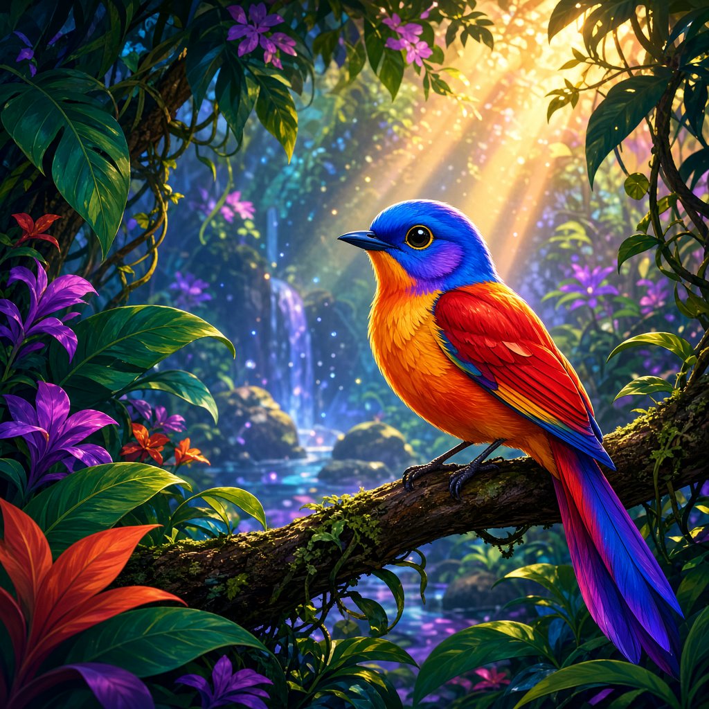 Create a vibrant digital artwork with clean lines depicting a small, colorful bird in the jungle. Combine rich, warm tones—such as soft orange, bold red, and dynamic yellow—with cool colors like brilliant blue, emerald green, and radiant violet. The atmosphere should feel fairytale-like, enhanced by striking lighting that underscores the scene's magic. Use bright, bold colors harmoniously to create a balanced composition. The overall style should be imaginative and captivating, transporting the viewer to another world. — Grok Imagine Image 2