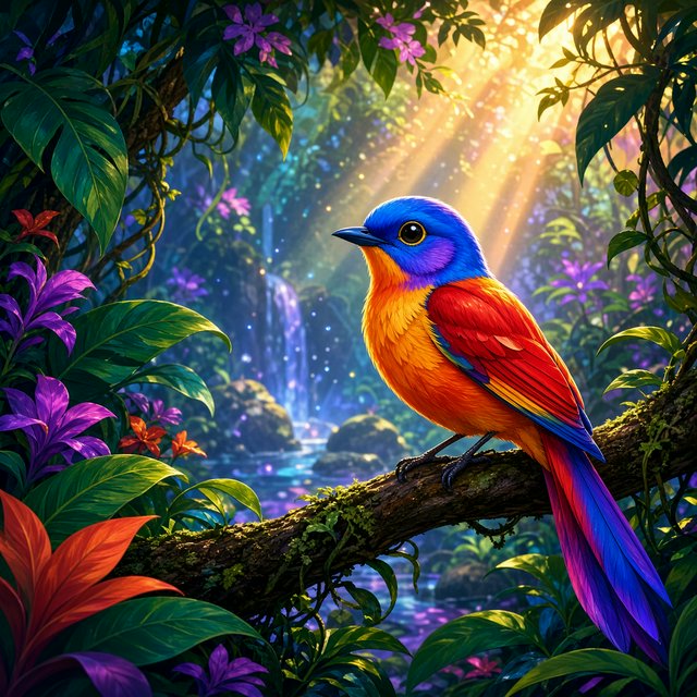 Create a vibrant digital artwork with clean lines depicting a small, colorful bird in the jungle. Combine rich, warm tones—such as soft orange, bold red, and dynamic yellow—with cool colors like brilliant blue, emerald green, and radiant violet. The atmosphere should feel fairytale-like, enhanced by striking lighting that underscores the scene's magic. Use bright, bold colors harmoniously to create a balanced composition. The overall style should be imaginative and captivating, transporting the viewer to another world. — Grok Imagine Image 2