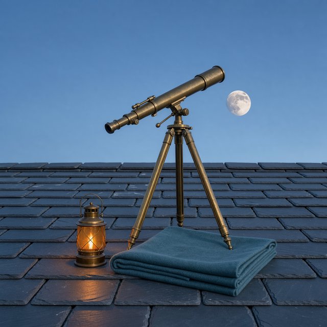 On a slate rooftop, exactly one brass telescope points east; one amber lantern sits to its left, one folded teal blanket lies beneath the tripod, and one pale moon hangs behind it in the clear sky, nothing else. — Model 1