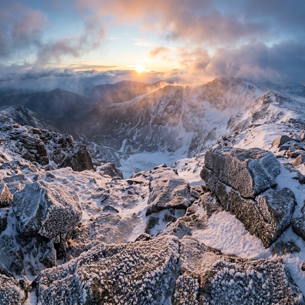 Wind combs a high granite ridge above a glacial cirque at sunrise, beneath clearing snow squalls; granular rime crusts foreground boulders while successive peaks dissolve into blue cloud shadow. — Nano Banana 2.1