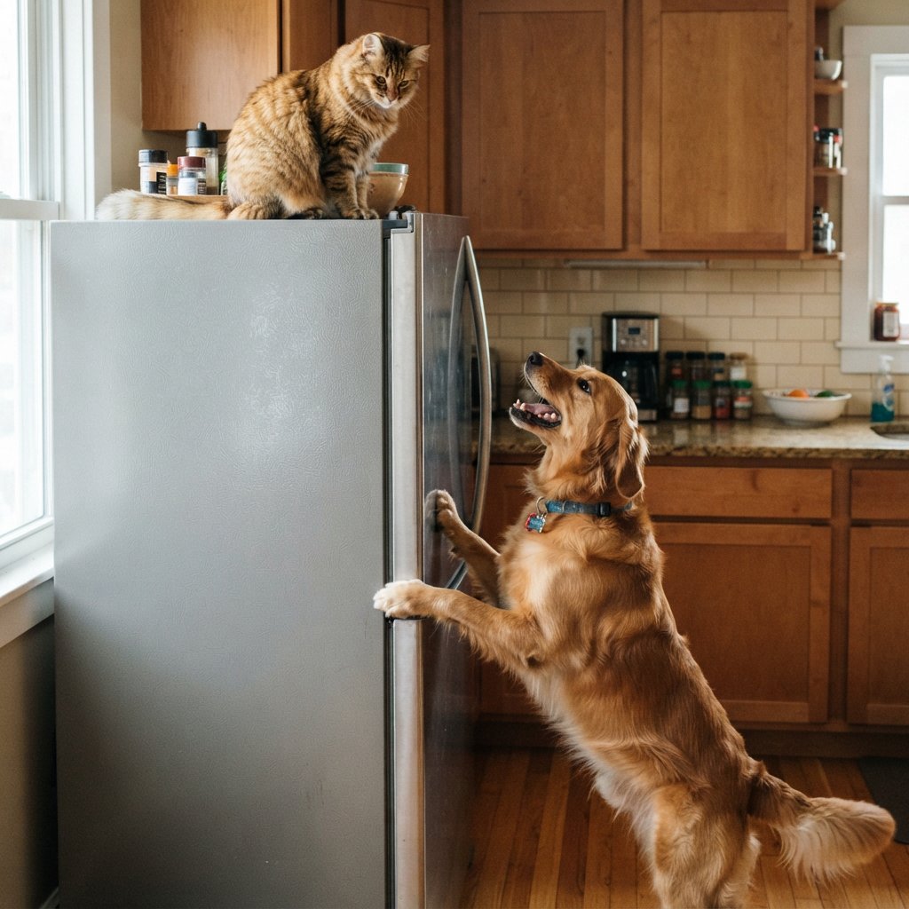 A cat sits on the top of a refrigerator calmly looking down at a barking dog. The dog is on his hind legs leaning on the fridge barking at the cat. — Nano Banana 2 Lite