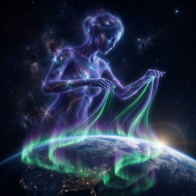 A cinematic wide-angle shot of an ethereal, gigantic adult female entity composed of stardust and nebulae. She hovers in the deep black of space, directly above the curvature of the Earth. Her fingers move like a harpist's, weaving luminous, emerald-green and violet aurora threads directly into the Earth's atmosphere. The polar lights appear like liquid silk, wrapping themselves around the planet. Realistic play of light, mystical atmosphere, bioluminescent colors, deep indigo and neon green. — Nano Banana 2.1