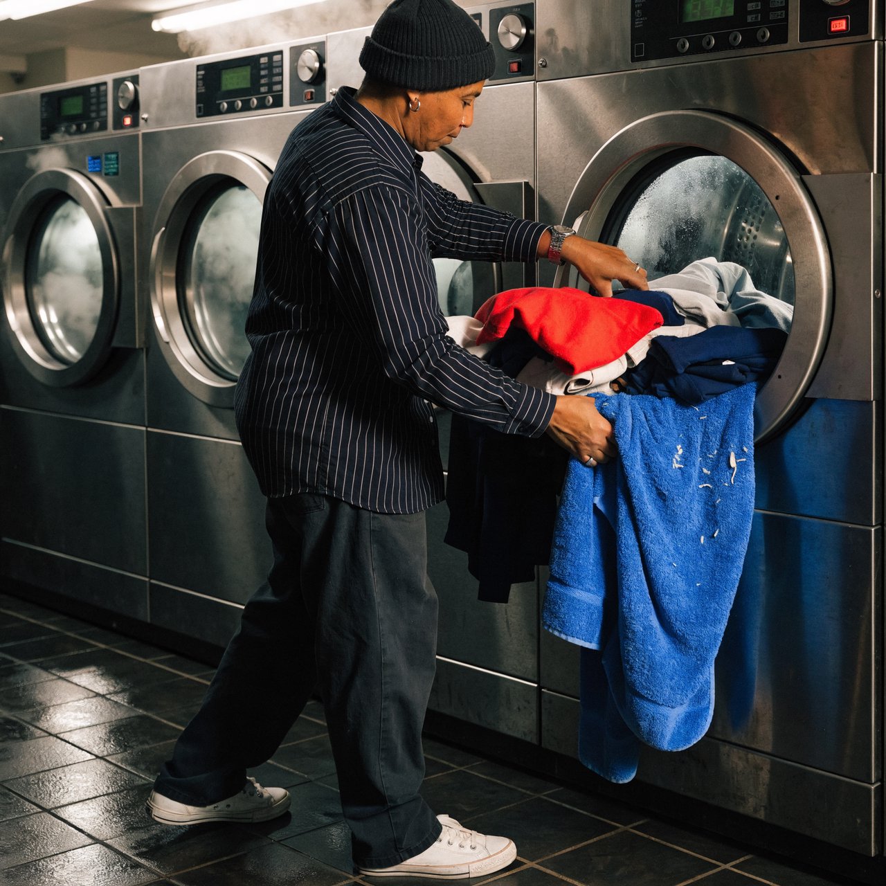 Candid documentary photograph of an adult laundromat attendant sorting warm clothes beside humming machines, cool fluorescent light, 50mm lens with moderate depth of field, loose lint clinging to a blue towel and faint condensation on the glass doors. — Recraft v4 Pro
