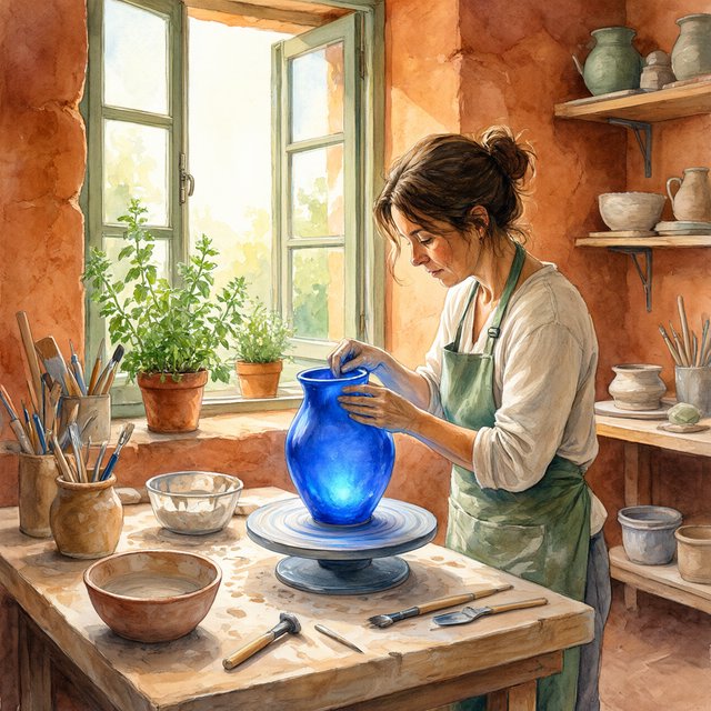 Watercolour illustration of an adult ceramicist shaping a luminous blue vessel beside an open workshop window, surrounded by clay tools, potted herbs, and sunlit terracotta walls. Palette of cobalt, ochre, sage, and cream, with soft flowing brushwork. — Qwen Image 3.0 Pro