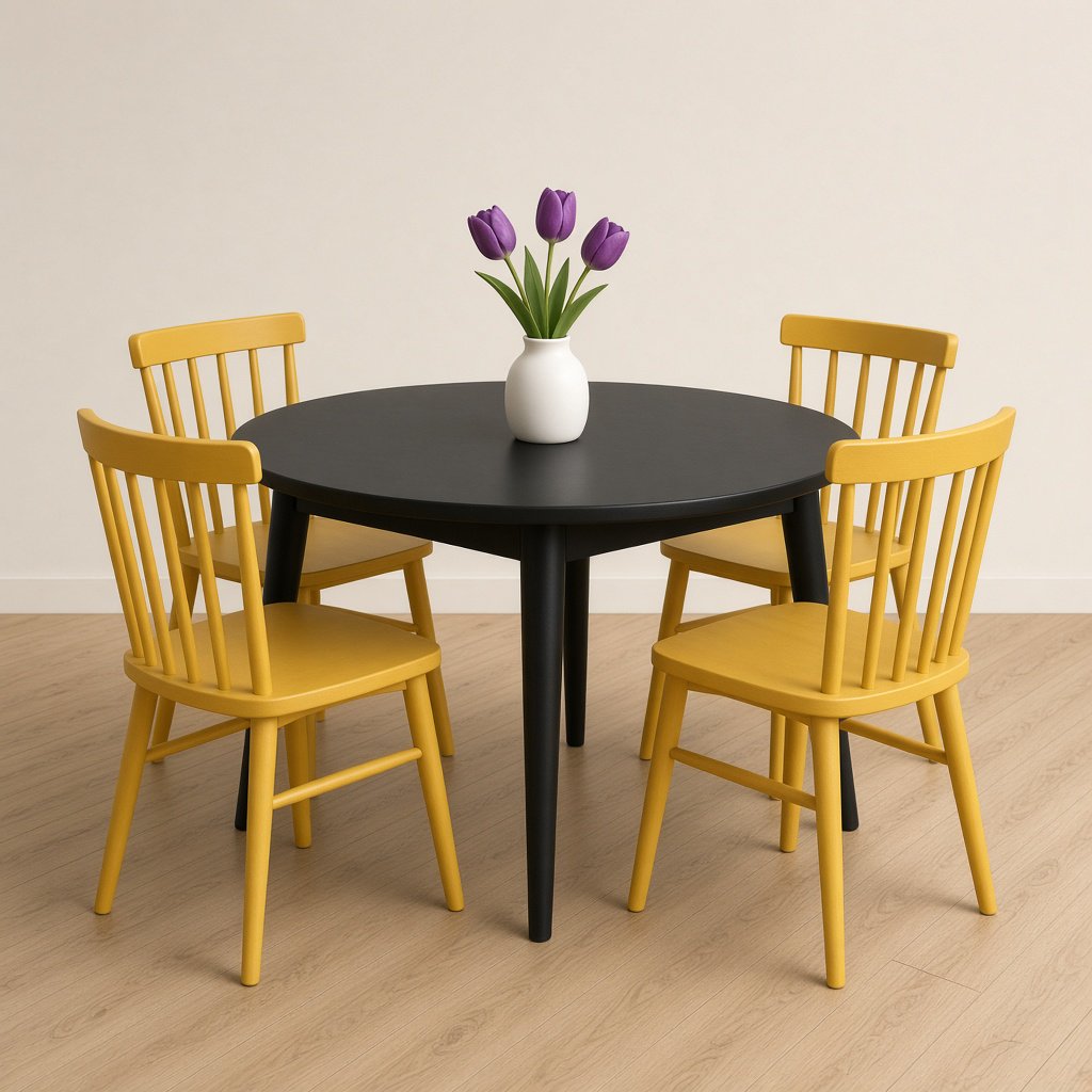 Exactly four yellow wooden chairs surround a round black table: two chairs at the front, one on the left, and one on the right. A white vase with three purple tulips sits at the table center, nothing else. — Grok Imagine Image 2