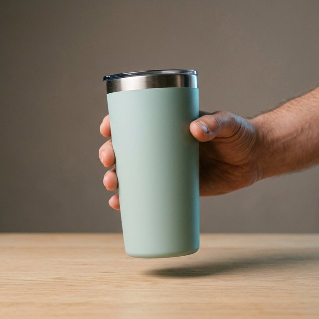 An adult hand lifts an unbranded insulated travel mug, its matte sea-glass polymer body and brushed-steel rim catching softbox highlights above a pale oak counter; warm gray studio backdrop, broad diffused key and cool edge light, no face or lettering. — Nano Banana 2.1