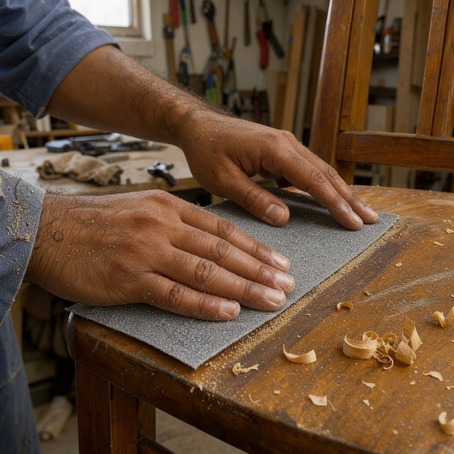 Fine curls gather beneath adult hands sanding the edge of a wooden chair in a quiet repair shed. A real-world workshop snapshot in cool skylight, using a normal lens at shallow depth of field, catches pale sawdust clinging to the knuckles. — FLUX 3 Image Klein