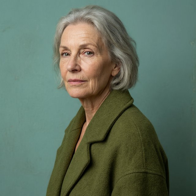 Beside a faded teal studio wall, a close-up fashion portrait frames an adult woman aged 68–76, her weathered skin softly detailed; she wears a moss-green wool coat and holds a calm, searching gaze in gentle side light. — Model 17