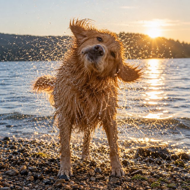 A wet golden retriever shaking off water on a lakeshore, droplets frozen mid-air, backlit by low sun, high shutter speed. — GPT Image 2.5 Flare