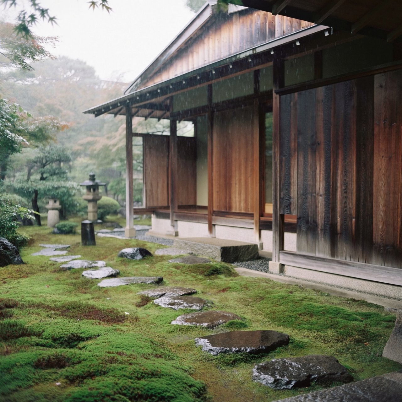 Exterior of a Kyoto-inspired contemporary teahouse in restrained Japanese timber architecture, charred cedar screens, pale granite, and a copper-clad roof; soft rain-bright afternoon light, viewed obliquely from a moss garden path, precise joinery and credible structure. — ImagineArt 2
