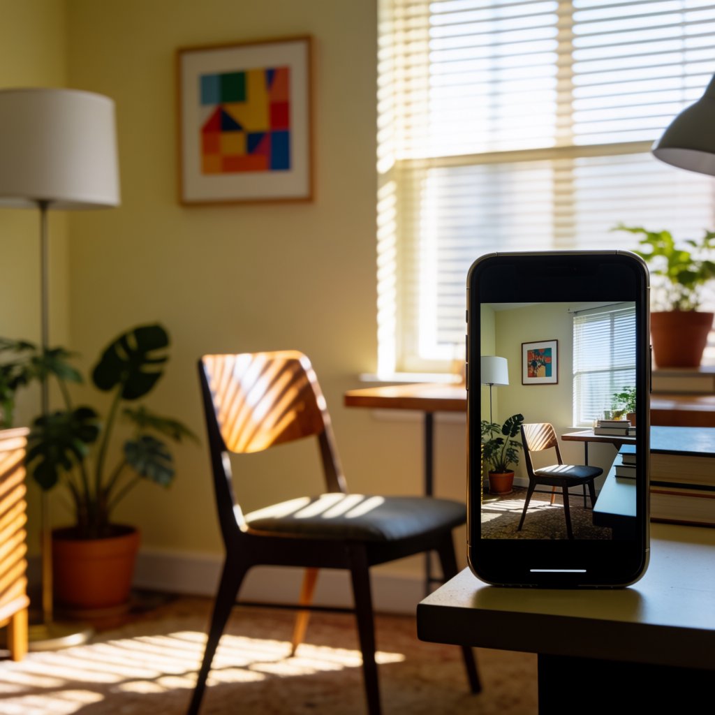 A dorm room belonging to an adult woman, photographed with a cell phone. The camera is sitting on a desk facing the empty chair and the rest of the room. — Krea 2 Medium