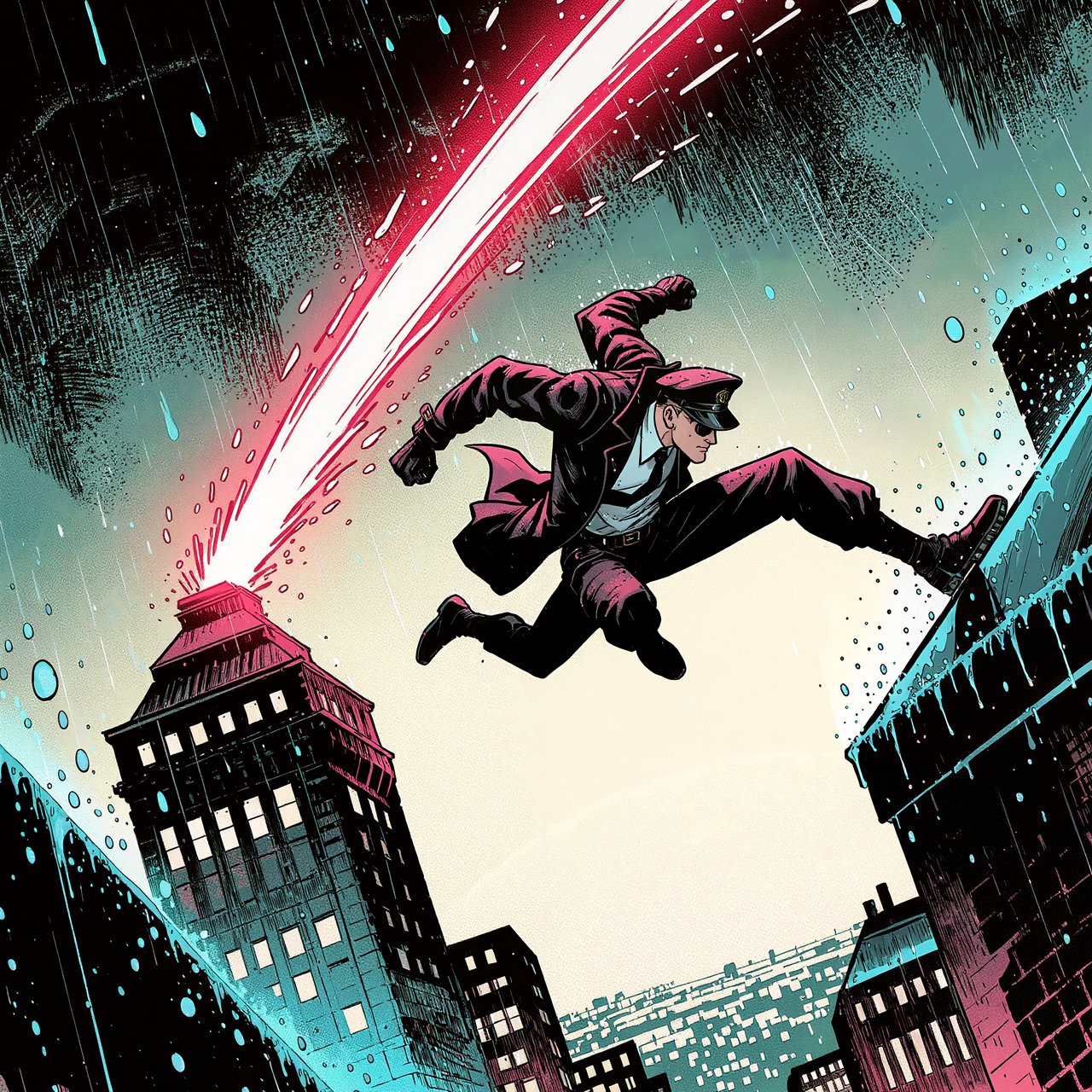 An adult rooftop courier vaults between rain-dark towers, coat snapping as signal flares streak behind; bold ink comic-panel illustration with dense halftone shadows, palette of electric cyan, vermilion, charcoal, and cream, no speech bubbles. — Kling v3