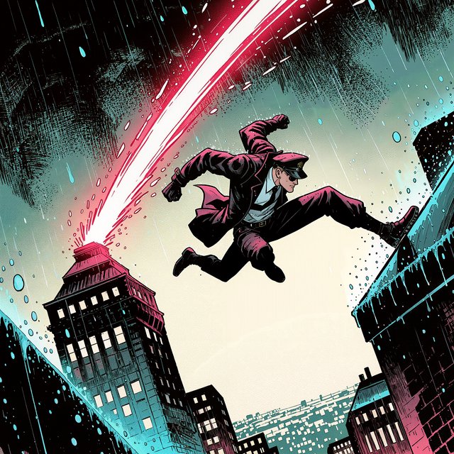 An adult rooftop courier vaults between rain-dark towers, coat snapping as signal flares streak behind; bold ink comic-panel illustration with dense halftone shadows, palette of electric cyan, vermilion, charcoal, and cream, no speech bubbles. — Kling v3