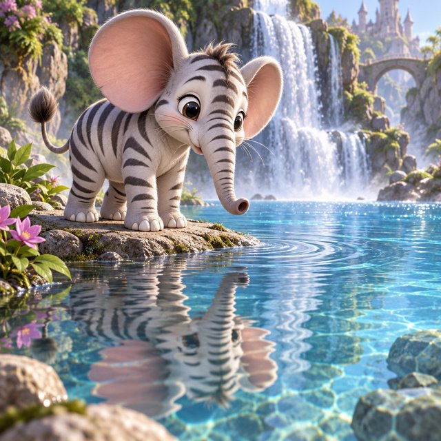 An adorable animal in a cartoon illustration, a cross between an elephant, a zebra, and a mouse. On the shore at the base of a magical waterfall flowing into a crystal-blue pond. Ripples create a wavy reflection in the water. — GPT Image 2.5 Sunburst