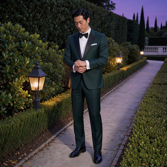Along a garden path at violet dusk, an adult man in a midnight-green dinner suit adjusts one cuff beneath warm lantern glow, caught in a quiet pre-event pause with glossy leaves and elegant magazine polish. — FLUX 3 Image