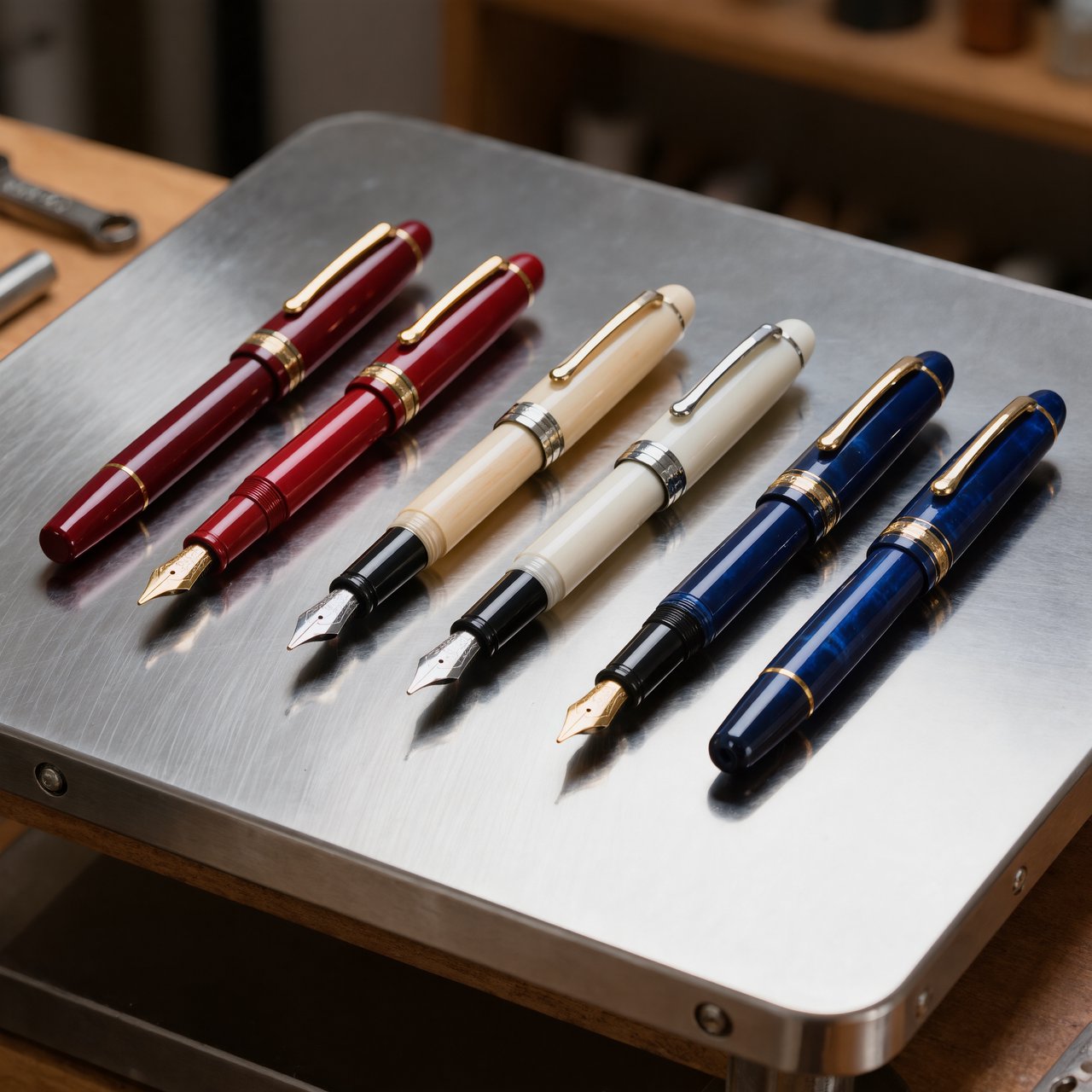 Across a brushed steel counter, exactly six fountain pens rest in three groups: two crimson pens on the left, two ivory pens in the center, and two cobalt pens on the right; nothing else. — Kling v3 Omni