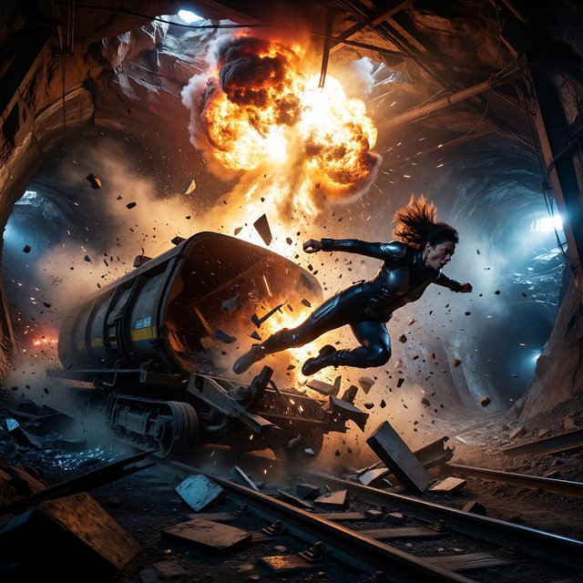 Collapsing mine, woman in a futuristic outfit, in a runaway mine cart. The cart is moving towards the foreground. Behind her cart, there was a huge explosion in the mine. The impact of the explosion is so great that it has knocked the cart off the tracks and sent the rider flying. Angle the empty cart, which is in the process of shattering, close to the woman. Focus the image on the female rider who has flown off the cart. Ensure her features are photorealistic. Make the scene photorealistic, explosive, and exciting as if it is from an action-packed movie. — ImagineArt 1.5 Pro