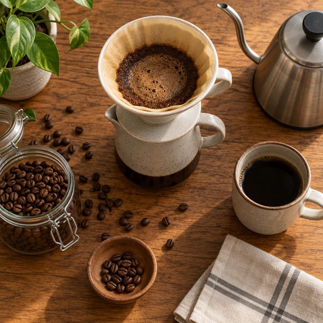 Overhead flat lay of a ceramic pour-over coffee set on oak, roasted beans scattered, a folded linen napkin, warm natural light. — GPT Image 2.5 Sunburst