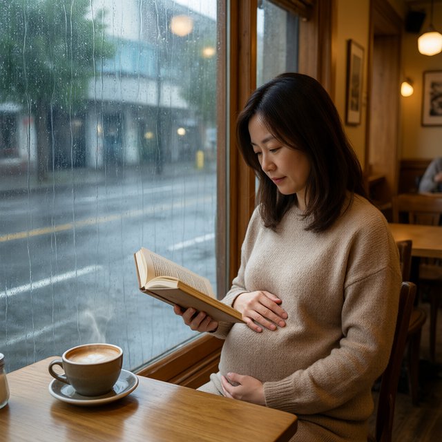 Photorealistic cinematic scene of a pregnant Chinese woman sitting in a cozy café by the window, reading a book. She appears calm, gentle, and thoughtful, with one hand resting naturally near her belly. On the table beside her is a cup of coffee, softly steaming. Outside the large window, heavy rain pours down, with streaks of water on the glass and a blurred rainy street beyond. The café interior is warm and inviting, with soft ambient lighting, wooden textures, and a peaceful atmosphere that contrasts with the storm outside. The composition should feel intimate, emotional, and serene, with the woman as the clear focal point. — Qwen Image 3.0
