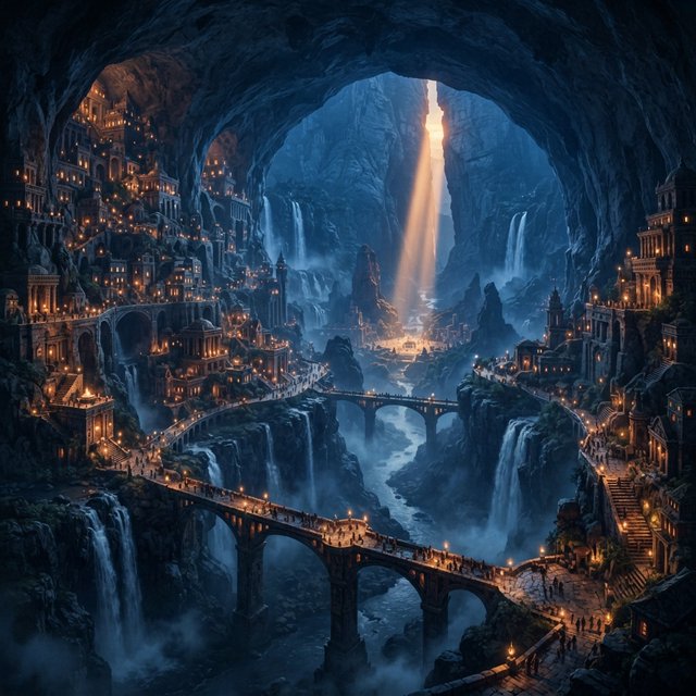 An ancient city carved inside a hollow mountain glows with windowlight, its terraced bridges spanning a blue-lit cavern while mineral mist rises around distant waterfalls and a narrow beam of sunrise reaches the deepest plaza. — Nano Banana 2 Lite