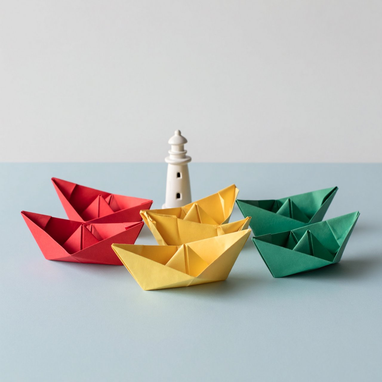 Exactly six folded paper boats sit on a pale blue tabletop: two red boats on the left, two yellow boats in the center, and two green boats on the right. A small white lighthouse figurine stands behind the center pair, nothing else. — ImagineArt 2