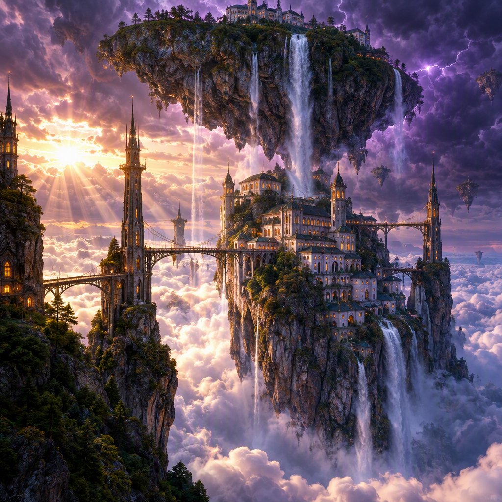 A colossal cliffside monastery hangs beneath a floating island, its waterfalls falling into luminous cloud seas. Bronze bridges connect needle towers, while dawn rays pierce violet storms and tiny windows glow above an endless abyss. — GPT Image 2.5 Flare