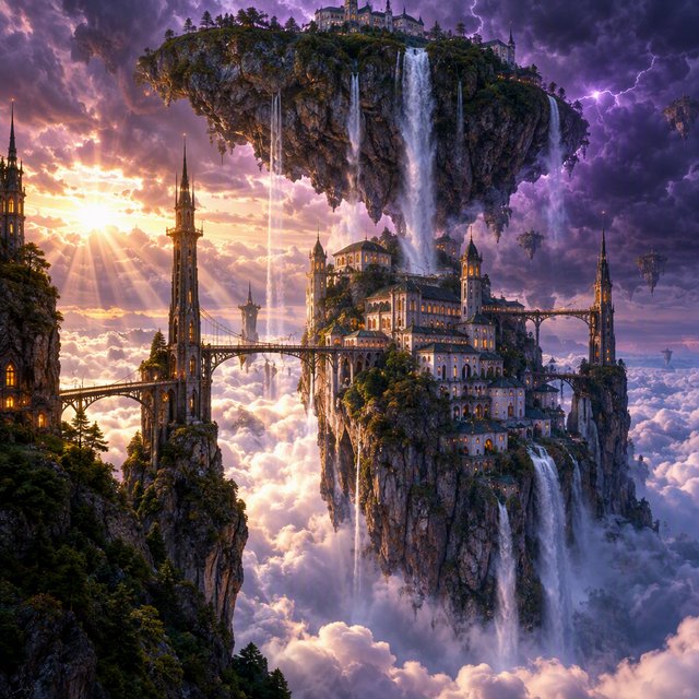A colossal cliffside monastery hangs beneath a floating island, its waterfalls falling into luminous cloud seas. Bronze bridges connect needle towers, while dawn rays pierce violet storms and tiny windows glow above an endless abyss. — GPT Image 2.5 Flare