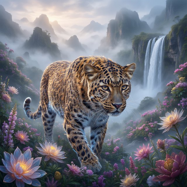 A majestic leopard, its fur detailed in intricate glowing fiber optics, emerges from a dreamlike, mist-shrouded floral mountain landscape with a waterfall in the background. The scene is bathed in ethereal light, evoking a sense of awe and wonder. — Qwen Image 3.0