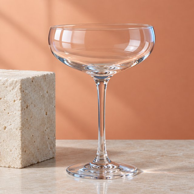 Beside a pale limestone block, an unbranded handblown cocktail coupe in clear soda-lime glass catches crisp window-shaped highlights; its curved bowl bends a muted apricot backdrop under broad diffused key light and narrow cool rim lighting, commercial product image, no lettering. — GPT Image 2.5 Flare