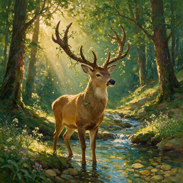 A majestic deer, its antlers intertwined with blooming vines, pauses by a crystal-clear stream in an enchanted glade. Sunlight filters through the canopy, dappling the forest floor. This is an oil painting with a rich, textured surface, capturing the dreamlike atmosphere of the scene. — Seedream 5.0 Pro
