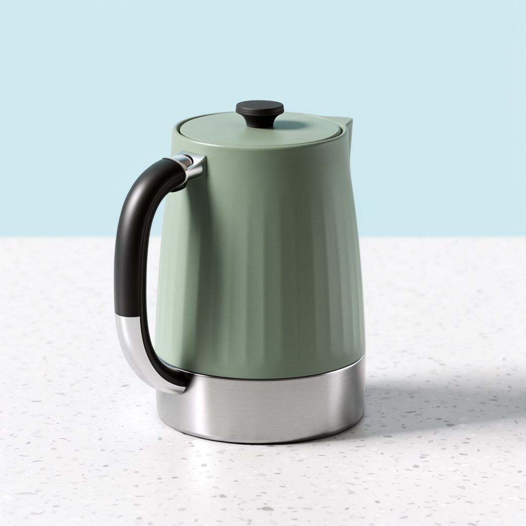 Commercial product photograph of an unbranded electric kettle made from matte sage ceramic and brushed stainless steel, resting on a white terrazzo surface against a pale blue background, with soft window light from the left and a delicate grounding shadow. — Krea 2 Large